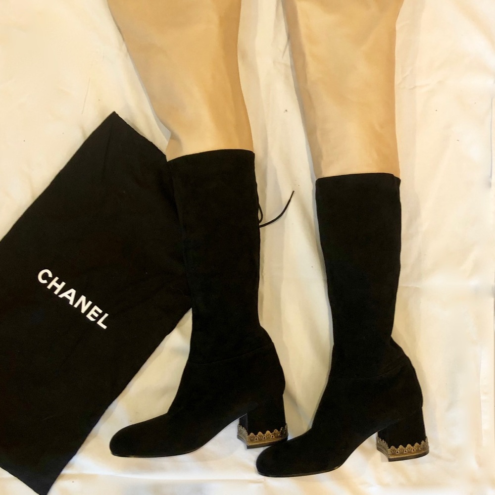 Chanel over the knee black suedea tan boots
